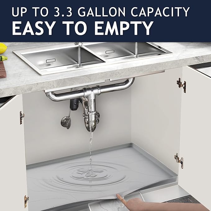Heavy Duty Silicone Under Sink Mats for Kitchen Waterproof 37" x 22", Extra Thick Under Sink Rubber Mat Drip Tray, Raised Edge Under Sink Liner,Prevent Drips, Leaks, Spills,Grey