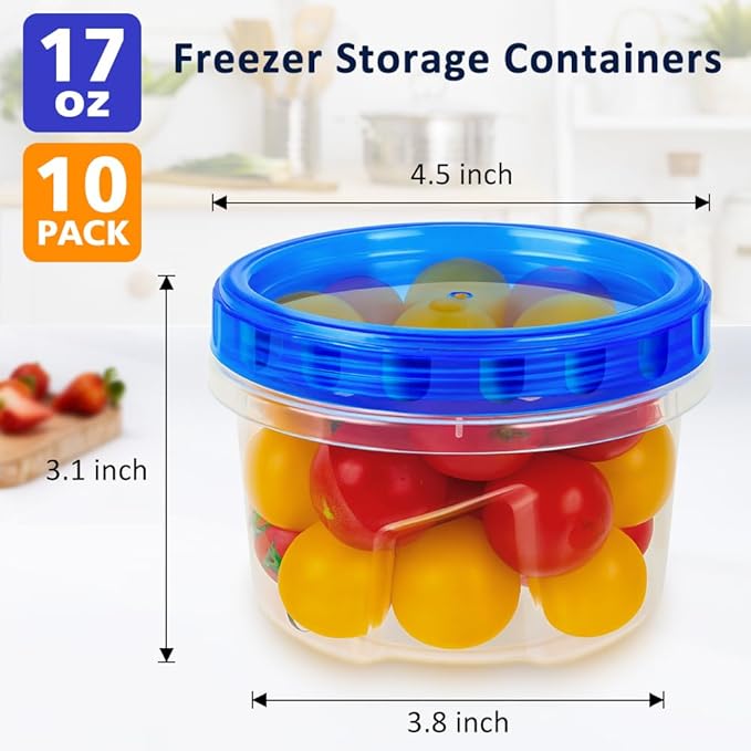10 Pack 17oz Reusable Freezer Storage Containers with Twist Top Lids Airtight, Clear Plastic Food Storage Meal Prep Containers for Leftover Lunch Fruit Salad Snack, Small Soup Container Microwave Safe