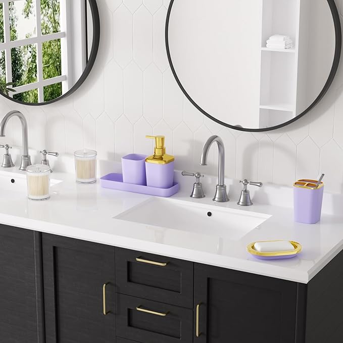 Bathroom Set - Purple Bathroom Sets with Shower Curtain and Rugs, 24PCS Shower Curtain Set with Hooks, Soap Dispenser, Soap Dish, Toilet Brush Holder and Trash Can for Housewarming