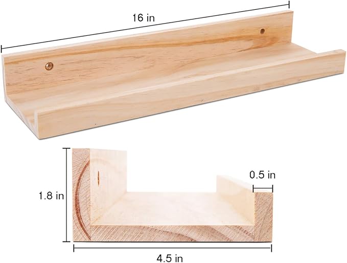 AZSKY Picture Ledge Shelf, Small Floating Shelves Set of 2, 16 Inches Nursery Book Shelves for Storage, Bookshelf Wall Mounted for Living Room Bedroom Decor Books Photo Frames,Natural