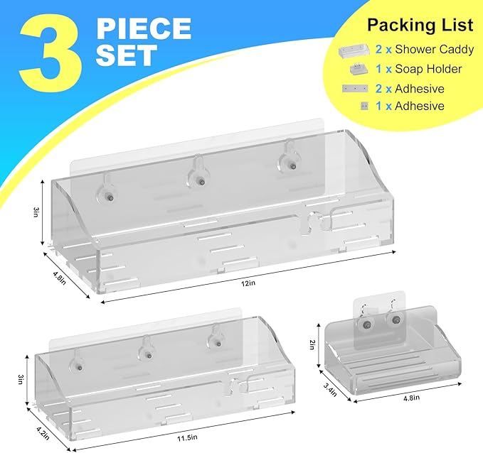 Acrylic Shower Shelves 3 Pack, Clear Adhesive Shower Organizer - No-Drill Wall Mount Storage Rack, Versatile Caddy for Bathroom & Kitchen (Transparent)
