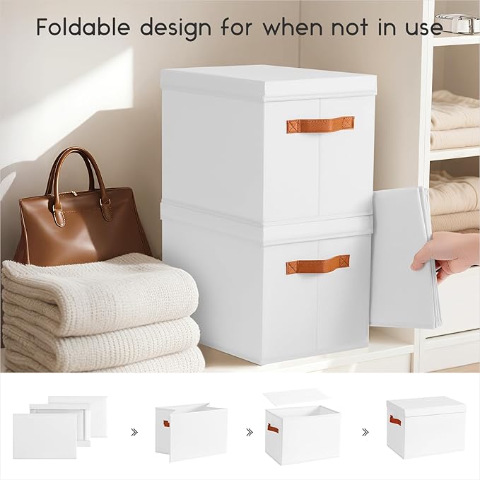 Storage Bins with Lids - Large Fabric Closet Bins with Lid, 6 Pack Clothes Organizers and Storage, Collapsible Stackable Cube Basket for Home, Office, Dorm, White