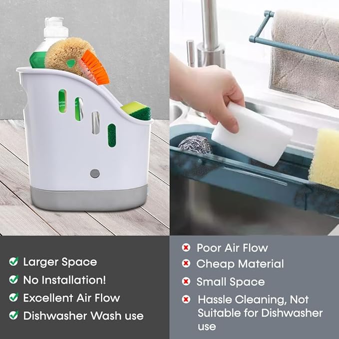 Sink Caddy Sponge Holder, Dish Soap Organizer for Kitchen Sink with Removable Compartment and Non-Slip Base for Brushes Scrubber Drainers, Drain Holes for Sanitary Drying Premium ABS