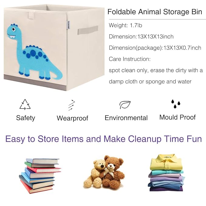CLCROBD Foldable Animal Cube Storage Bins Fabric Toy Box/Chest/Organizer for Kids Nursery, 13 inch (Dinosaur)
