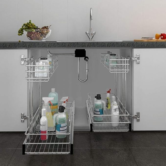 Under Sink Organizer 9"W X18.5"D，Pull Out Cabinet Organizer 2 Tier，Under Sink Slide Out Organizer Chrome Plated, Under Kitchen Bathroom Sink Organizer, Pantry Cabinet Closet Organization Rack, 1 Pack
