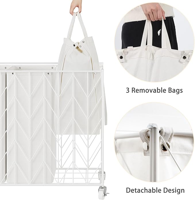 WOWLIVE Laundry Basket with Wheels, 142L Laundry Hamper 3 Section with Lid, Dirty Clothes Hamper with Removable Bags, Large Capacity Iron-Made Laundry Basket Organizer Laundry Sorter for Dorm, White