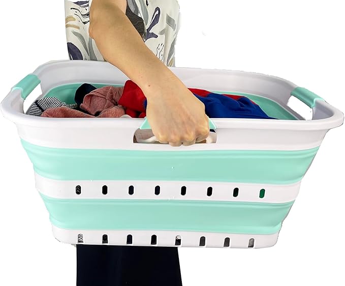 SAMMART 42L (11 gallons) Set of 2 Plastic Foldable Storage Basket/Container - Collapsible, Space Saving and Portable Laundry Hamper, Ideal for Home, Travel, Dorm (2, White/Light Green)