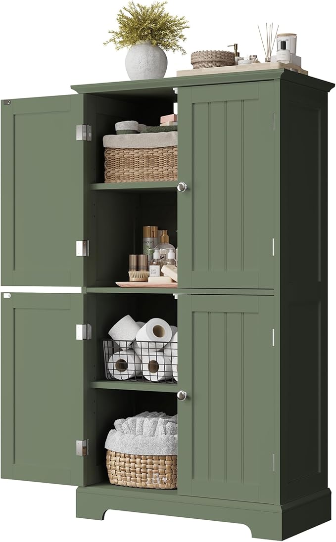 ChooChoo Bathroom Floor Cabinet, Modern Bathroom Storage Cabinet with 4 Doors and Adjustable Shelves, Freestanding Cupboard for Living Room, Green
