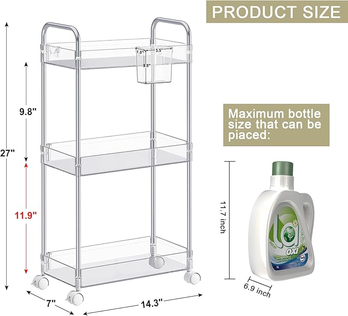 SPACEKEEPER 3 Tier Acrylic Storage Rolling Cart Clear Bathroom Cart Organizer, Transparency Laundry Room Organization Mobile Shelving Unit Multifunction Rolling Utility Cart for Office Living Room