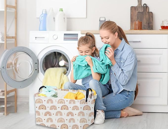 Sanjiaofeng Rectangular Boho Basket Rainbows Storage Bins,Girls Storage Basket with Handles.Clothers,Books,Kid's Gifts Bins. (Rainbows)