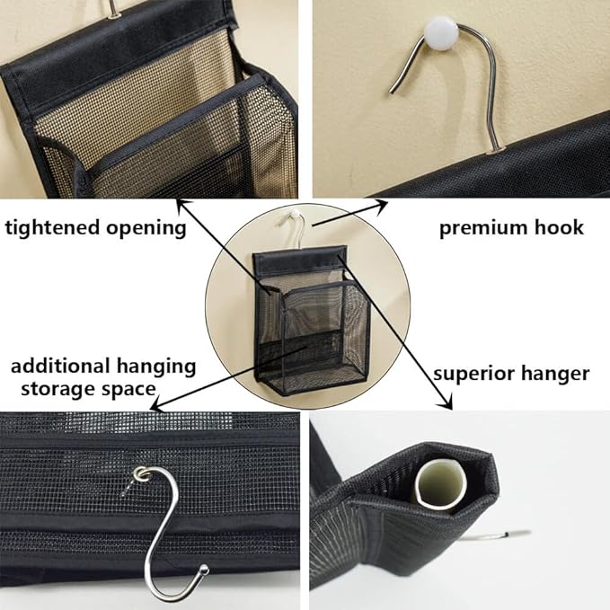 ALYER Hanging Mesh Shower Caddy Organizer Bathroom Storage Bag with Hooks for College Dorm, Gym, Swimming,RV and Travel,Black-3 Pack