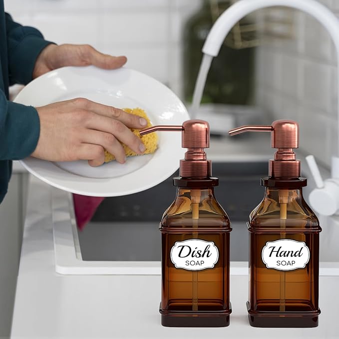 Soap Dispenser - 2 Pack, Antique Design Thick Amber Glass Hand Soap Dispensers with Sturdy Tray; 304 Rust Proof Stainless Steel Black Pump, 12Pcs Stickers, for Kitchen, Bathroom -Brushed Copper