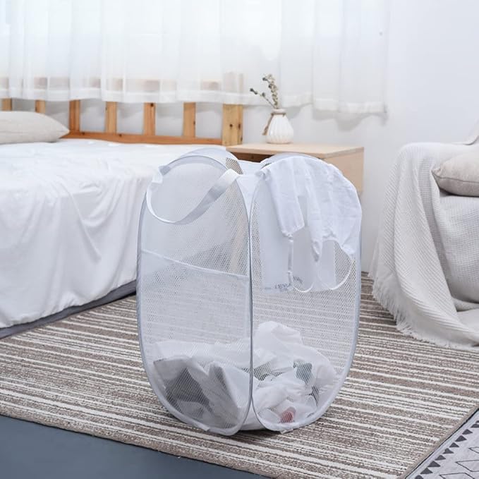 BATTOO Deluxe Strong Mesh Pop up Laundry Hamper Basket with Side Pocket Foldable Hamper for Laundry Room, Bathroom, Kids Room, College Dorm or Travel Grey + White