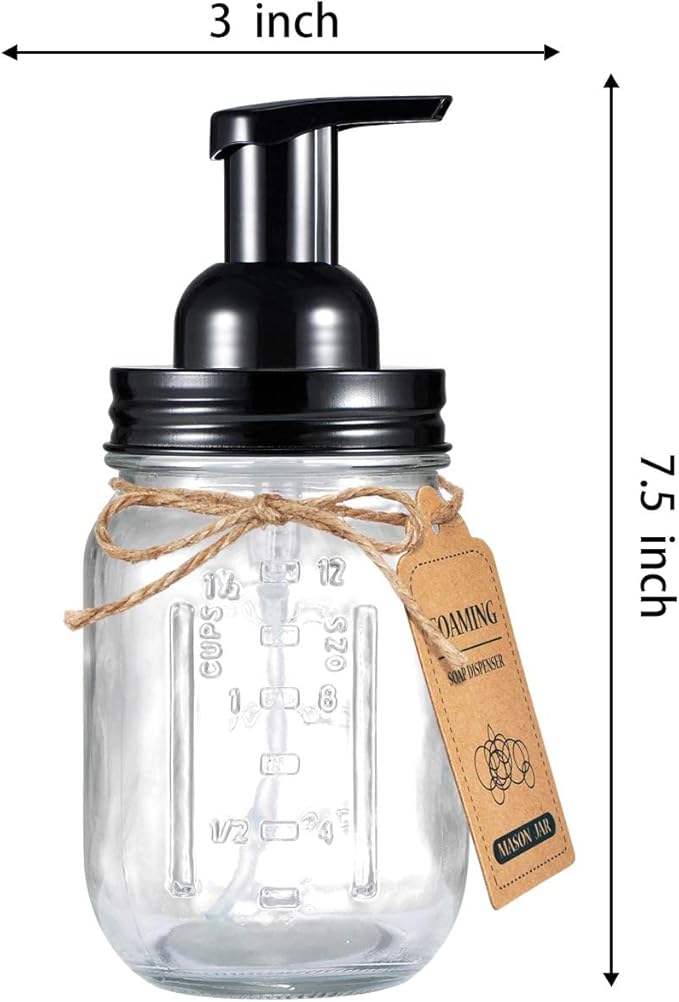 Amolliar Mason Jar Foaming Soap Dispenser, Rustproof Stainless Steel Lid,BPA Free Pump, Waterproof Labels, Rustic Farmhouse Decor, Refill Hand Soap Dispenser for Bathroom, Vanity, Kitchen, Countertop