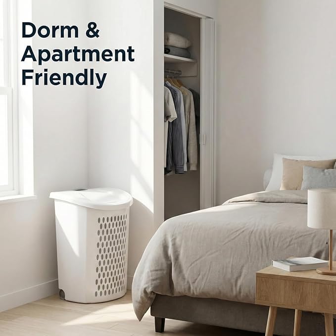 Wheeled Laundry Hamper with Smooth Rolling Wheels, Large Ventilated Plastic Clothes Basket for Easy Transport, Ideal for Laundry Rooms, Dorms, Apartments (White)