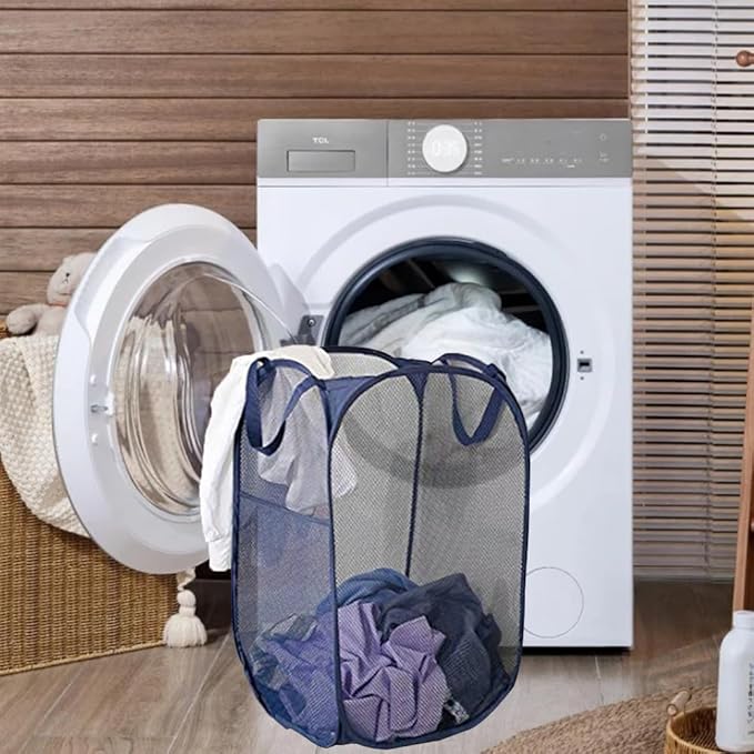 2 Pack Pop Up Laundry Hampers, Collapsible Mesh Laundry Basket, Foldable Clothes Hampers for Bathroom, College Dorm, Travel (Navy Blue)