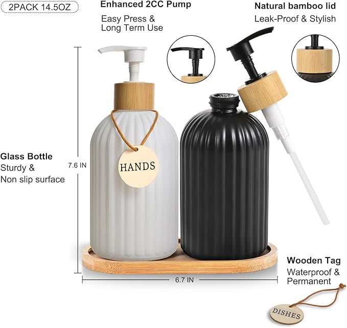 2 Pack ViserVita Glass Hand Soap Dispenser Set with Bamboo Pump, Elegant Refillable Liquid Dish Soap Dispenser with Tray, Perfect for Kitchen Sink and Bathroom Decor