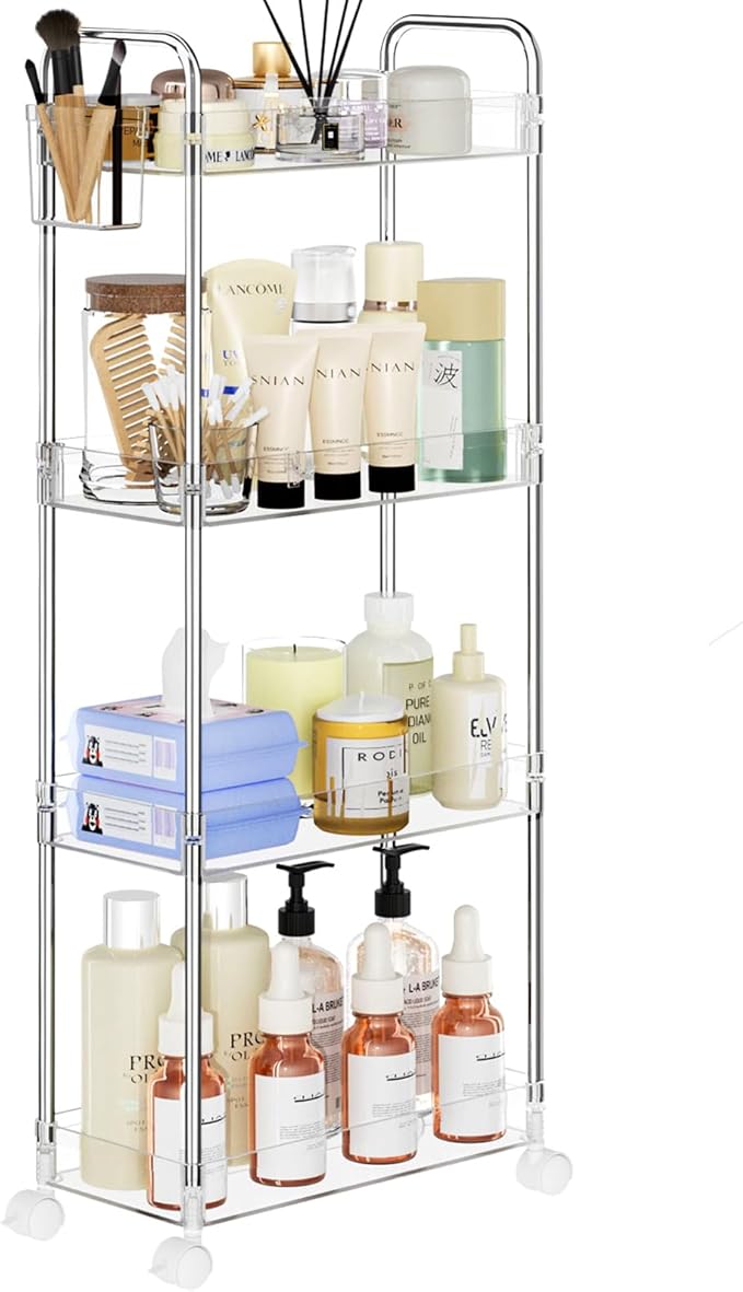 SPACEKEEPER Acrylic Rolling Storage Cart 4 Tier Clear Bathroom Cart Organizer, Transparency Rolling Utility Cart Laundry Room Organization Multifunction Mobile Shelving Unit for Office, Living Room