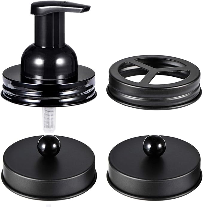 Mason Jar Bathroom Accessories Set(4pcs)- Jars Not Included - Foaming Soap Dispenser,Toothbrush Holder, and Apothecary Storage Jars Lids -Rustic Farmhouse Decor,Black