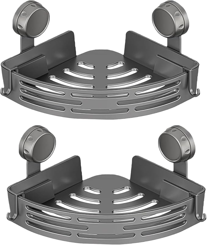 HIDEZHI Triangle Suction Cup Shower Caddy, Suction Cup Corner Shower Shelf, No-Drill Bathroom Corner Caddy, Triangle Suction Cup Corner Shelves, Removable Wall Storage Rack (Gray*2)