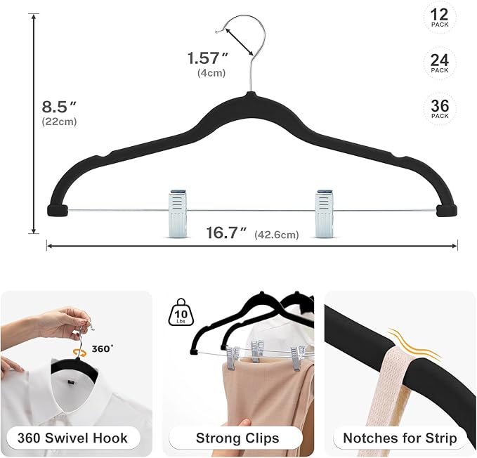 HOUSE DAY Velvet Skirt Hangers 12 Pack, Black Velvet Pant Hangers with Adjustable Clips, Space Saving Slim Shorts Hanger, Heavy Duty Non Slip Clip Hanger for Pants, Skirts, Shorts