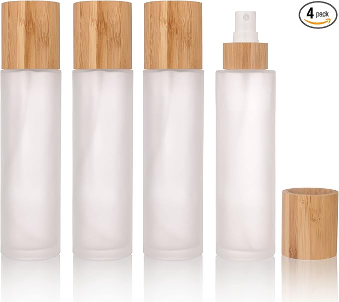 COSIDEA 4 pcs Empty 4oz /120ml bamboo lid Frosted glass spray bottle with fine mist despenser head for liquid perfume toiletries containers, toner bottles