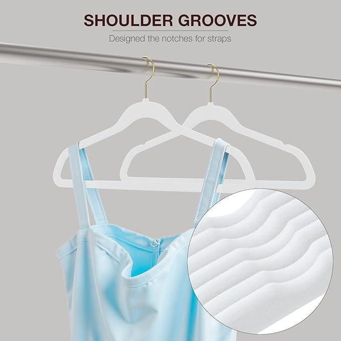 Korpai 50 Pack White Velvet Hangers,Coat Hanger Non Slip,Heavy-Duty,Space Saving,Slim Clothes Hangers for Pants,Outfit,Skirts,Suits,Coats,Dresses ect.Felt Hangers with Gold 360°Swivel Hook