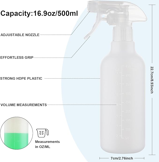 Spray Bottles 16.9oz HDPE Spray Bottle for Hair Mist/Stream Empty Heavy Duty Refillable Containers for Cleaning Solutions, Plants, Vinegar 2 Pack (White, 16.9oz)