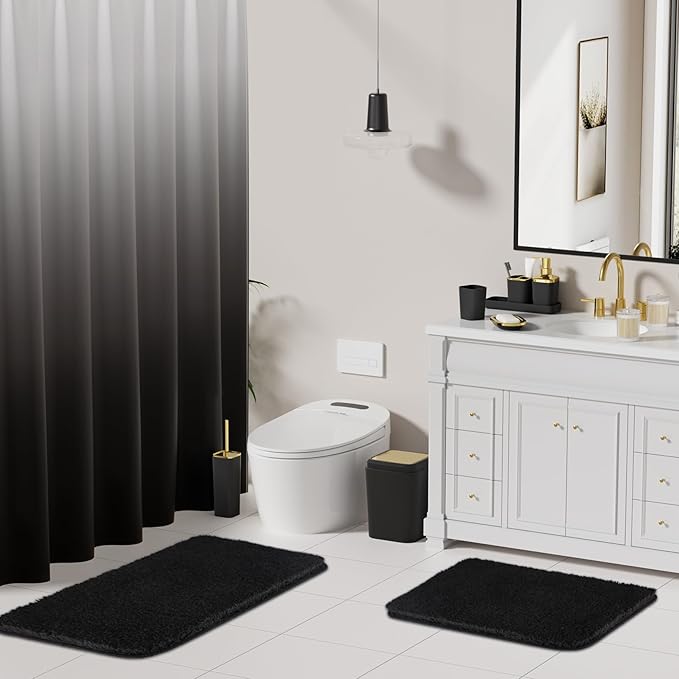 Bathroom Set - Black Bathroom Accessories Set, Bathroom Sets with Shower Curtain and Rugs, 24PC Shower Curtain Set with Hooks, Soap Dispenser, Soap Dish, Toilet Brush Holder and Trash Can