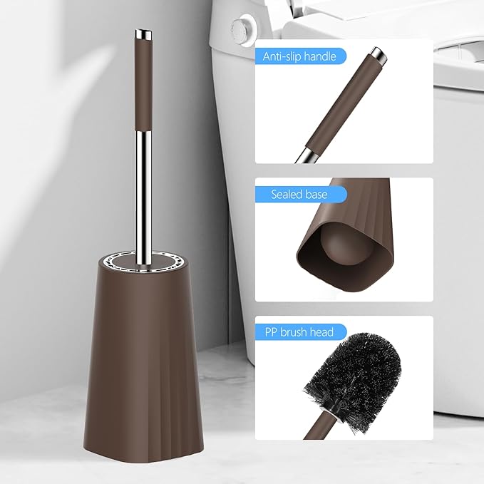 SetSail Toilet Brush, Compact Size Toilet Bowl Brush and Holder Toilet Brushes for Bathroom with Stainless Steel Handle Toilet Cleaner Brush with Durable Scrubbing Bristles, 3 Packs,Brown