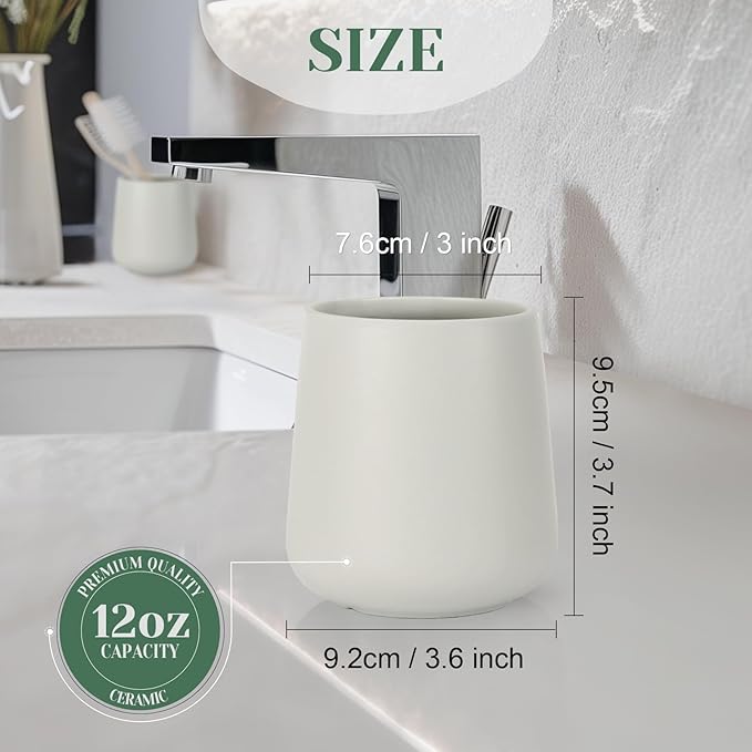 INGOFIN 12 oz Ceramic Toothbrush Holder, Toothpaste Holder and Cup for Bathroom Vanity and Countertop, Organizer for Cosmetic, Makeup, Office Pencils, for Hotel and Apartment, Light Grey