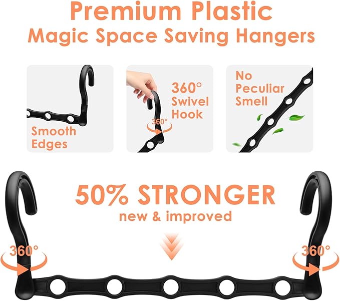 College Dorm Room Essentials, Magic Hangers Space Saving Clothes Hanger, Closet Organizers and Storage for 30 Heavy Clothes, Smart Space Saver Sturdy Plastic Hangers with 360° Rotating Hooks, 6 Pack