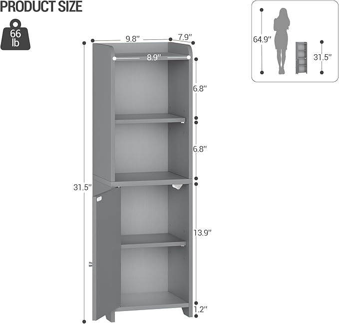 Bathroom Storage Cabinet, Corner Floor Cabinet with Doors and Adjustable Shelf, Narrow Toilet Paper Cabinets, Bathroom Organizer for Small Spaces, Gray BC39721X