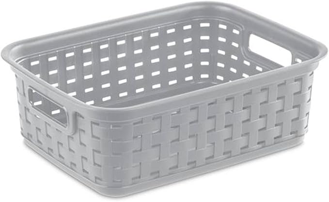 Sterilite 11 Inch Small Weave Open Bin Wicker Storage Basket Home Organizer Tote for Countertops, Bookshelves, and Closets, Cement, 8-Pack