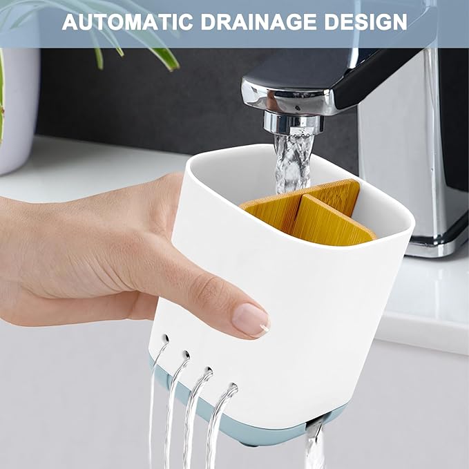 Toothbrush Holder with Bamboo Divider,Detachable for Easy Cleaning Bathroom Countertop Organizer,Plastic 3 Slots Electric Toothbrush and Toothpaste Holders Storage Caddy for Bathroom Vanity,Sink-Blue