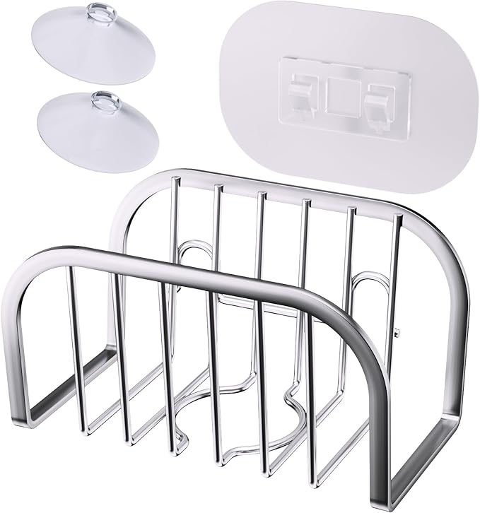 SWTYMIKI Sponge Holder for Kitchen Sink, Movable Sink Sponge Holder with Suction Cups Stainless Steel Sink Caddy Suction Cup for Sponge & Brush, Silver
