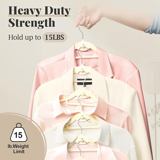 Velvet Hangers 50 Pack, S-Shaped and Stackable Non Slip with 360°Swivel Hook, Ultra Thin and Space Saving Flocked, for Suits, Shirts, Coats, 15Lbs Capacity Heavy Duty, Ivory