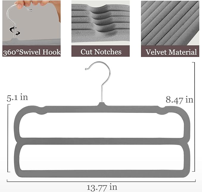 Velvet Pants Hangers,2 Tier Jeans Hanger,Premium Non Slip,Thin Space Saving Slim Trousers Hanger,13.77inch