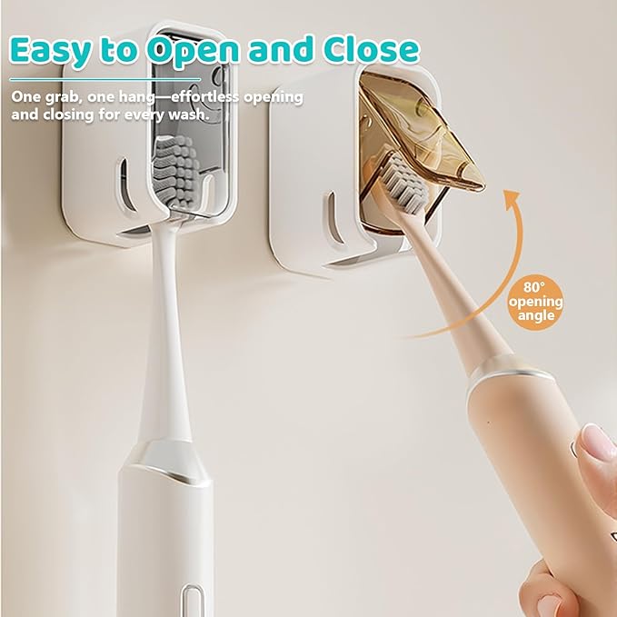 2 Pack Toothbrush Holders for Bathroom, Self Adhesive Wall Mounted Toothbrush Holder with Cover, Single Toothbrush Dispenser Storage Organizer for Family, Travel, Waterproof and Dustproof (Brown)