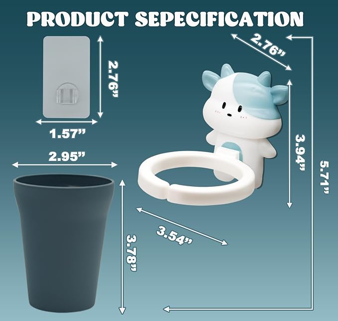 Cute Kids Toothbrush Holder with Cup & Toothpaste Wall Mounted, Adhesive Bathroom Organizer - Kids Bathroom Decor Accessories, Animal Toothbrush Holders for Kids - Blue Cow