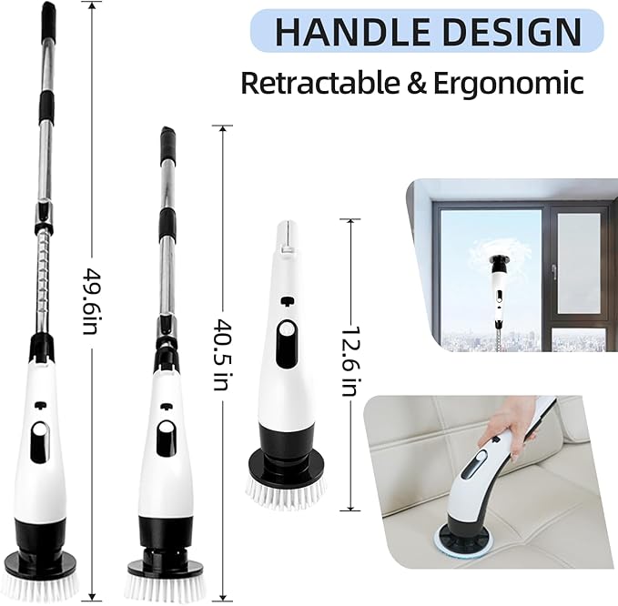 PUNOMO Electric Spin Scrubber, Cordless Waterproof Cleaning Brush with 8 Replaceable Brush Heads - 120Mins Work Time Adjustable Long Handle 2 Speeds 360 Power Scrubber for Bathroom Shower Kitchen Car