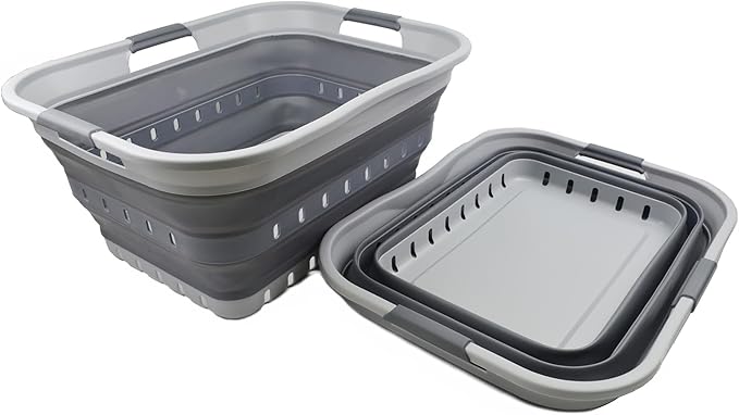 SAMMART 42 (11 Gallons) Collapsible Plastic Laundry Basket, Foldable Pop Up Storage Container/Organizer, Space Saving Hamper, Portable Bin for Dorm Room Bathroom (2, Grey)