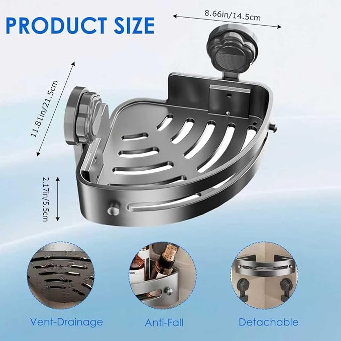 No-Drill Black Suction Corner Shower Caddy – Rustproof ABS Plastic Wall-Mounted Bathroom Organizer Rack, Space-Saving Shower Shelf