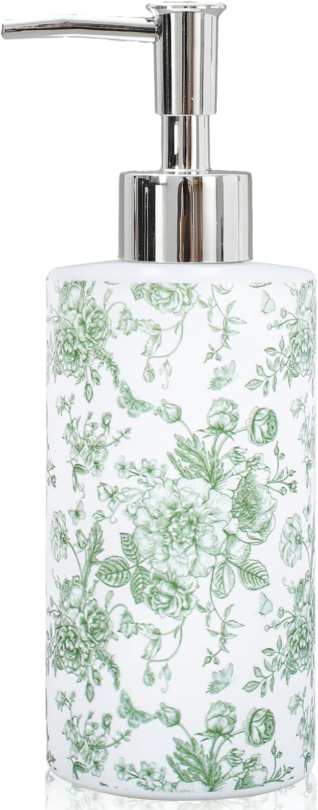 JarThenaAMCS Green Floral Soap Dispenser Glass Dispenser with Pump Refillable Vintage Chinoiserie Flower Butterfly Liquid Soap Container for Kitchen Bathroom Countertop Decor