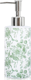JarThenaAMCS Green Floral Soap Dispenser Glass Dispenser with Pump Refillable Vintage Chinoiserie Flower Butterfly Liquid Soap Container for Kitchen Bathroom Countertop Decor