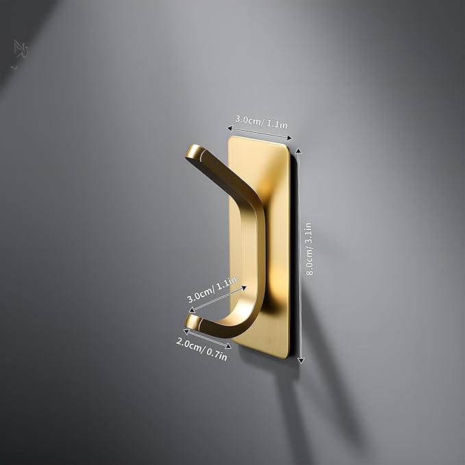 DELITON Gold Adhesive Hooks - 4 Pack Heavy Duty Stainless Steel Towel Hooks for Bathroom, Kitchen, No Drill Stick on Wall Hook for Hanging Robe, Coat, Clothes