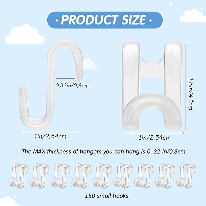 Unittype 150 Pcs Space Saving Hanger Hooks, Clothes Hanger Connector Hooks, Heavy Duty Space Saver Extender Clips for Closet Organizers (Clear)