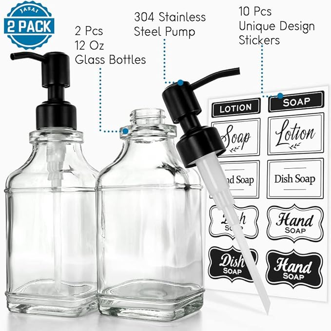 JASAI 2Pack Soap Dispenser with Rustproof Black Stain 304 Stainless Steel Pump, Stylish Hand soap Dispenser with 10Pcs Stickers, Refillable Glass Soap Dispenser for Kitchen & Bathroom.