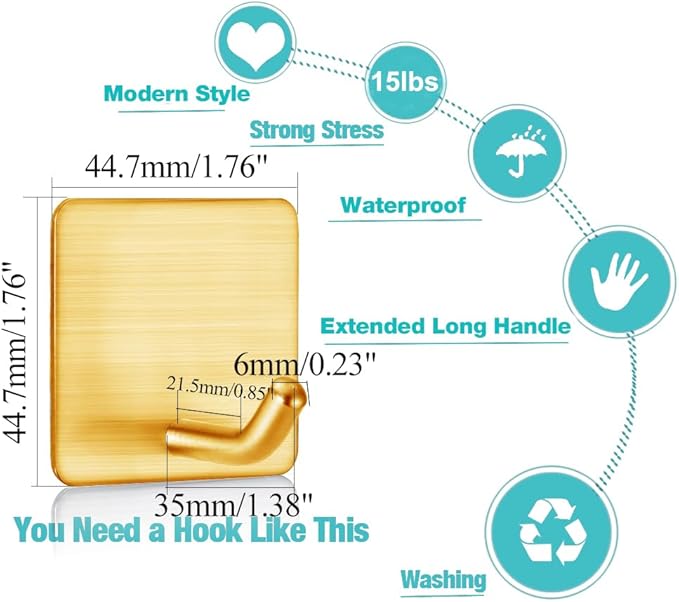 FOTYRIG Golden Stainless Steel Square Self Adhesive Hooks - Extra-Long Anti-Slip with Upgraded Adhesive, Holds 15lb Heavy Duty Wall Hooks for Kitchen, Bathroom, Garage -4 Packs