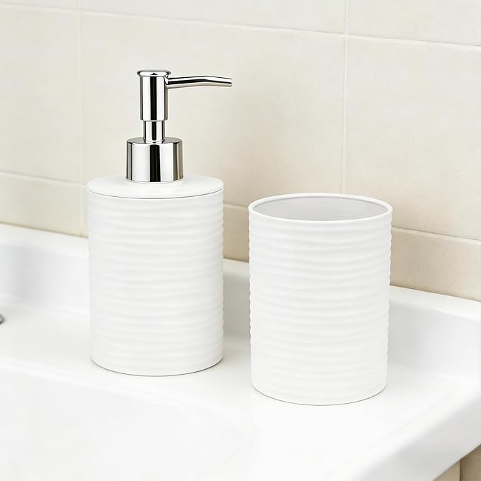 Bathroom Accessories Set, 2-Piece White Soap Dispenser & Toothbrush Holder with Ripple Texture & Rust-Proof Pump, Modern Matte Organization